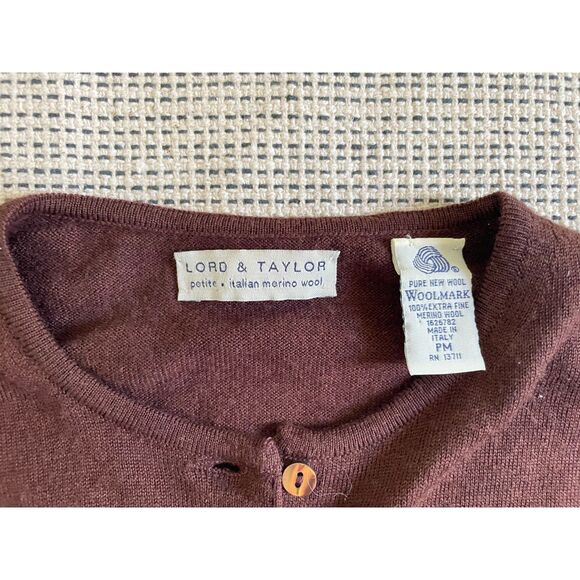Lord & Taylor Womens Petite Cardigan PM Brown 100% Italian Merino Wool - Picture 4 of 5